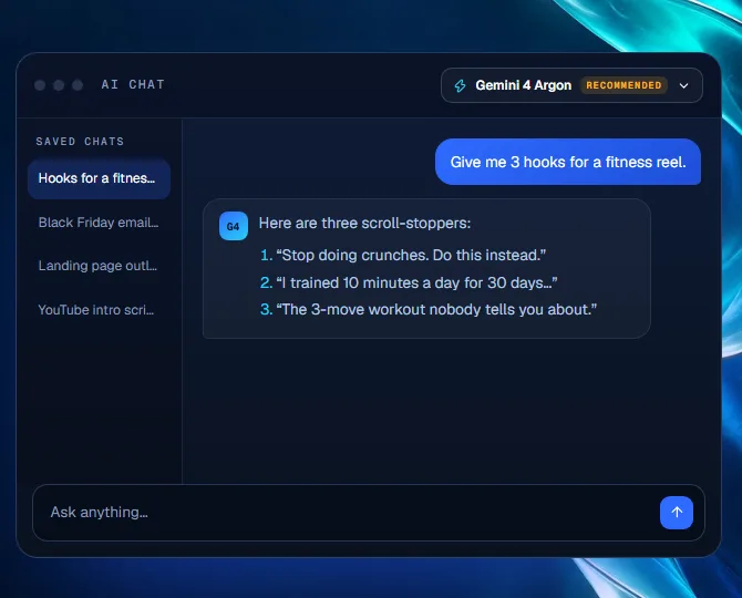 ArgonMAX AI Chat tool with saved chats and a model dropdown