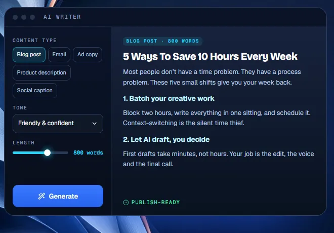 ArgonMAX AI commercial license: the AI Writer tool with content type, tone and length controls