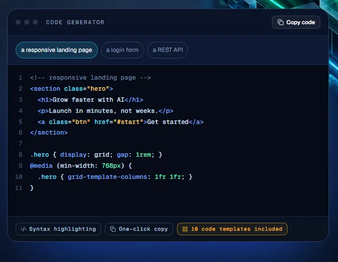 ArgonMAX AI Code Generator tool showing a responsive landing page in code with a copy button