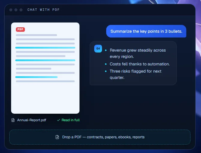 ArgonMAX AI Chat With PDF tool summarizing an annual report in three bullet points