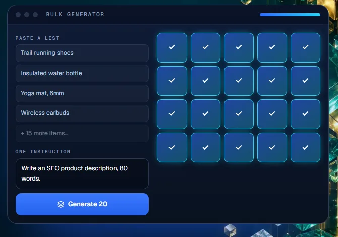 Is ArgonMAX AI really unlimited: the Bulk Generator tool described as creating 20 pieces of content at once
