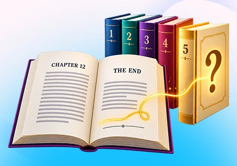 Open book ending on a question mark with the next books in the series behind it, showing BookSeries AI cliffhanger endings