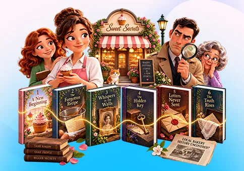 BookSeries AI features overview: one idea becomes a connected book series with a recurring cast of characters