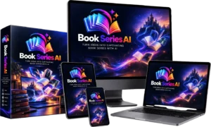 BookSeries AI review 2026: product mockup showing the app on a monitor, laptop, tablet, phone and 3D product box