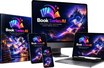 BookSeries AI review 2026: product mockup showing the app on a monitor, laptop, tablet, phone and 3D product box