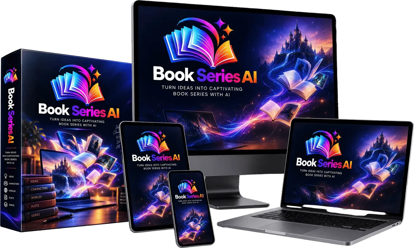 BookSeries AI review 2026: product mockup showing the app on a monitor, laptop, tablet, phone and 3D product box