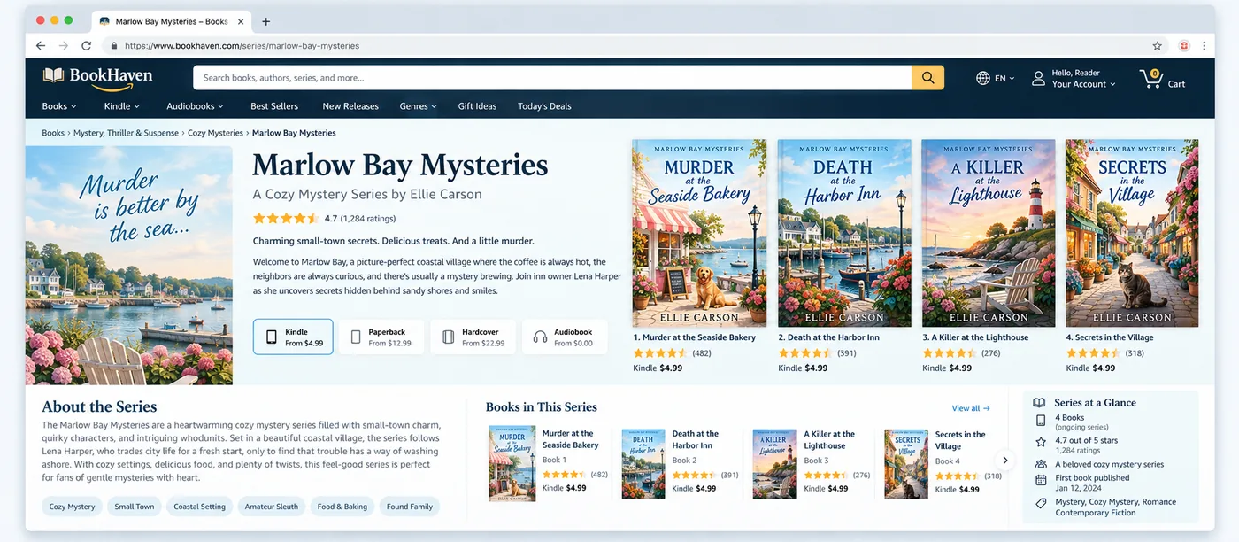 Sample Amazon series page listing every book in a series built with BookSeries AI