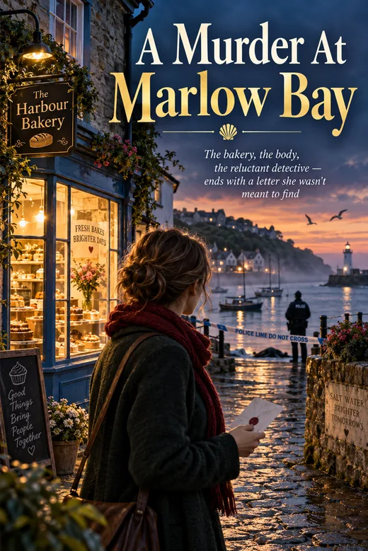 Sample book cover: A Murder At Marlow Bay, Book 1 of a cozy mystery series made with BookSeries AI