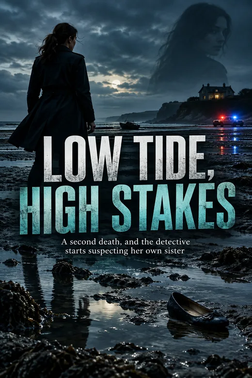Sample book cover: Low Tide, High Stakes, Book 3 of a cozy mystery series made with BookSeries AI