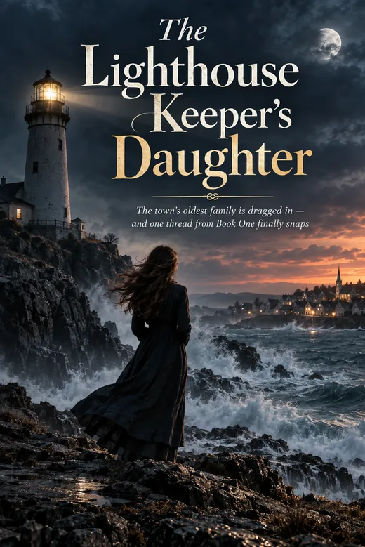Sample book cover: The Lighthouse Keeper's Daughter, Book 4 of a cozy mystery series made with BookSeries AI
