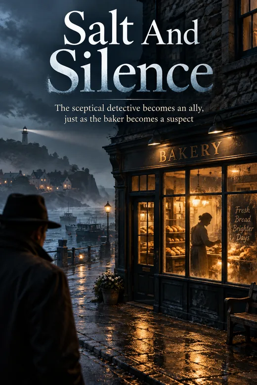 Sample book cover: Salt And Silence, Book 5 of a cozy mystery series made with BookSeries AI