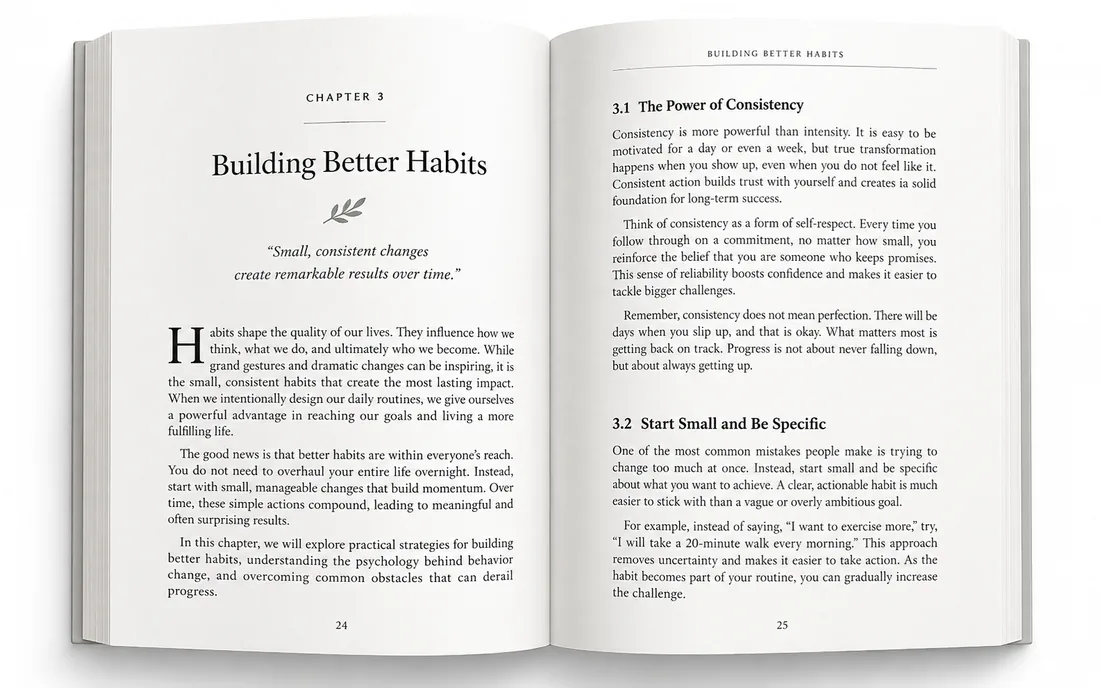 Sample inside pages and chapter layout of a book formatted by BookSeries AI