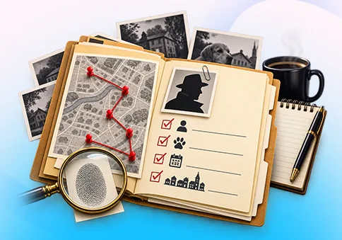 Series bible notebook with character profiles, map and timeline, showing BookSeries AI continuity tracking