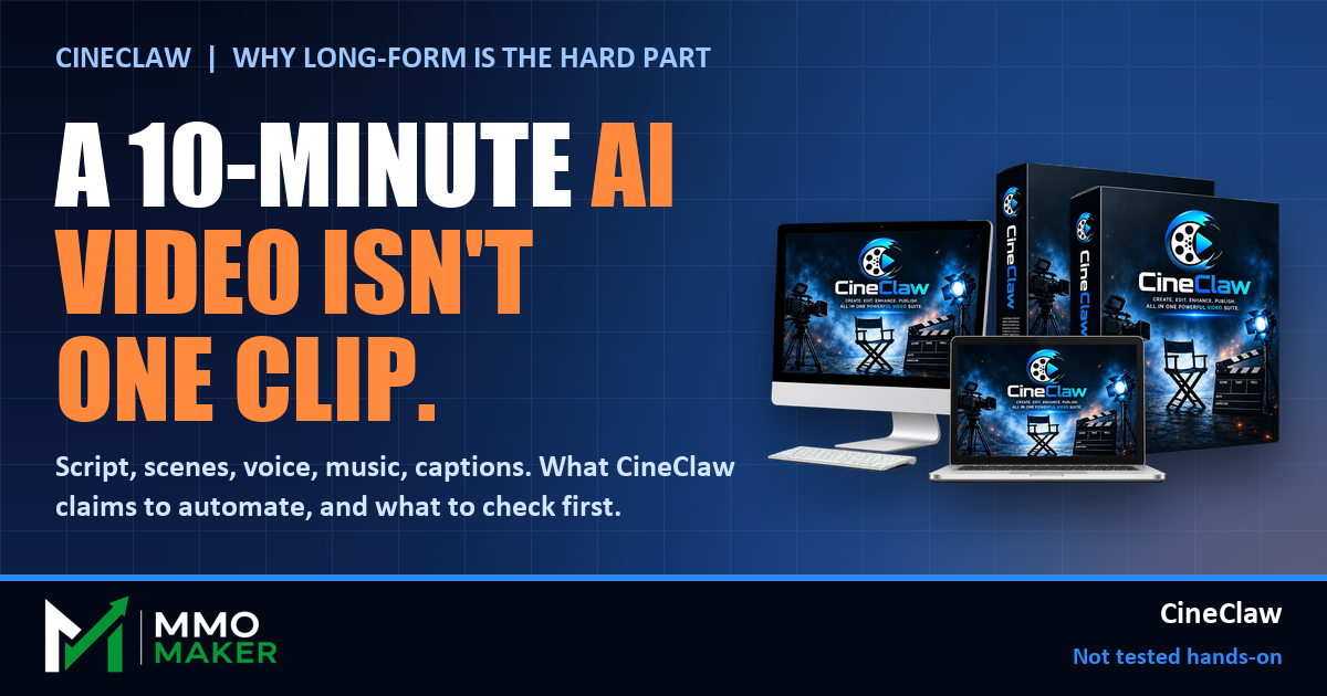 CineClaw: why a 10-minute AI video is not one clip, with the CineClaw product mockup, MMO Maker