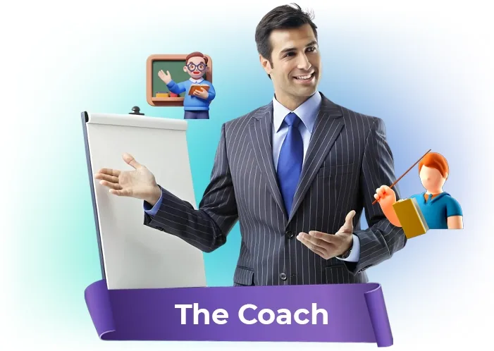 The coach: illustration of a coach presenting for CreatorClaw AI