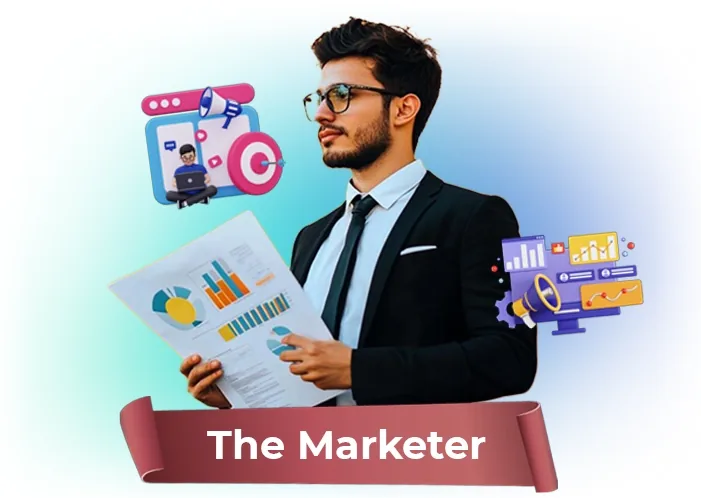 The marketer: illustration of a marketer with charts for CreatorClaw AI