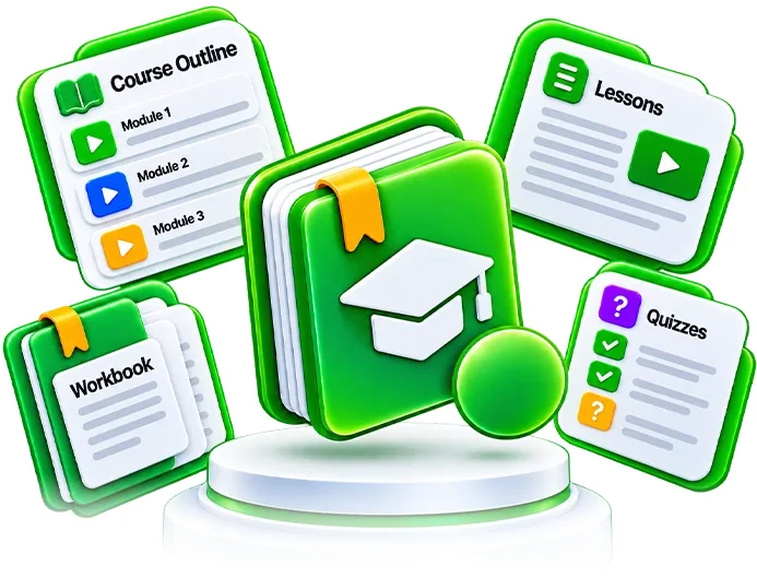 Course Agent illustration with course outline, modules, lessons, quizzes and workbook