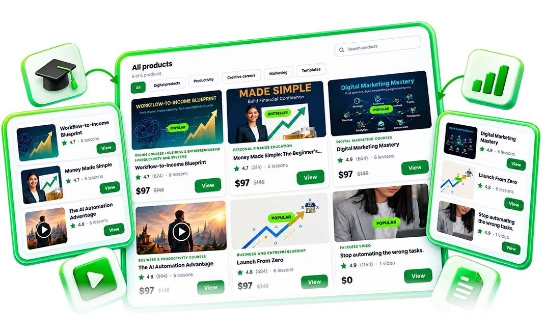 Udemy vs Skillshare vs Gumroad vs Teachable: a CreatorClaw AI course catalog with several video courses and prices