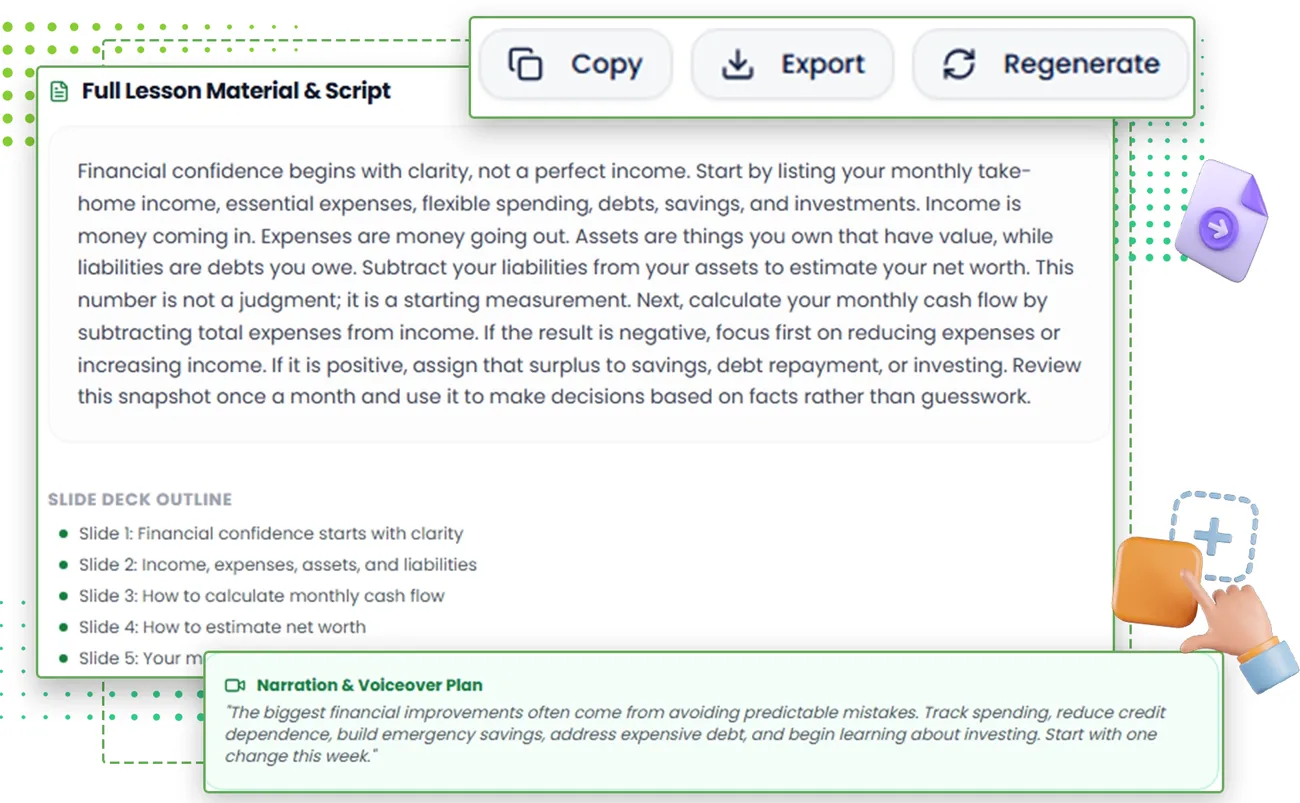 CreatorClaw AI full lesson material and script screen with copy, export and regenerate buttons
