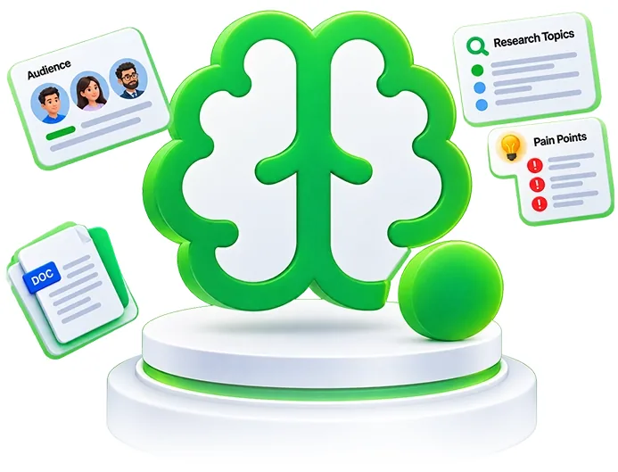 Knowledge Agent illustration with a brain, audience and pain points cards