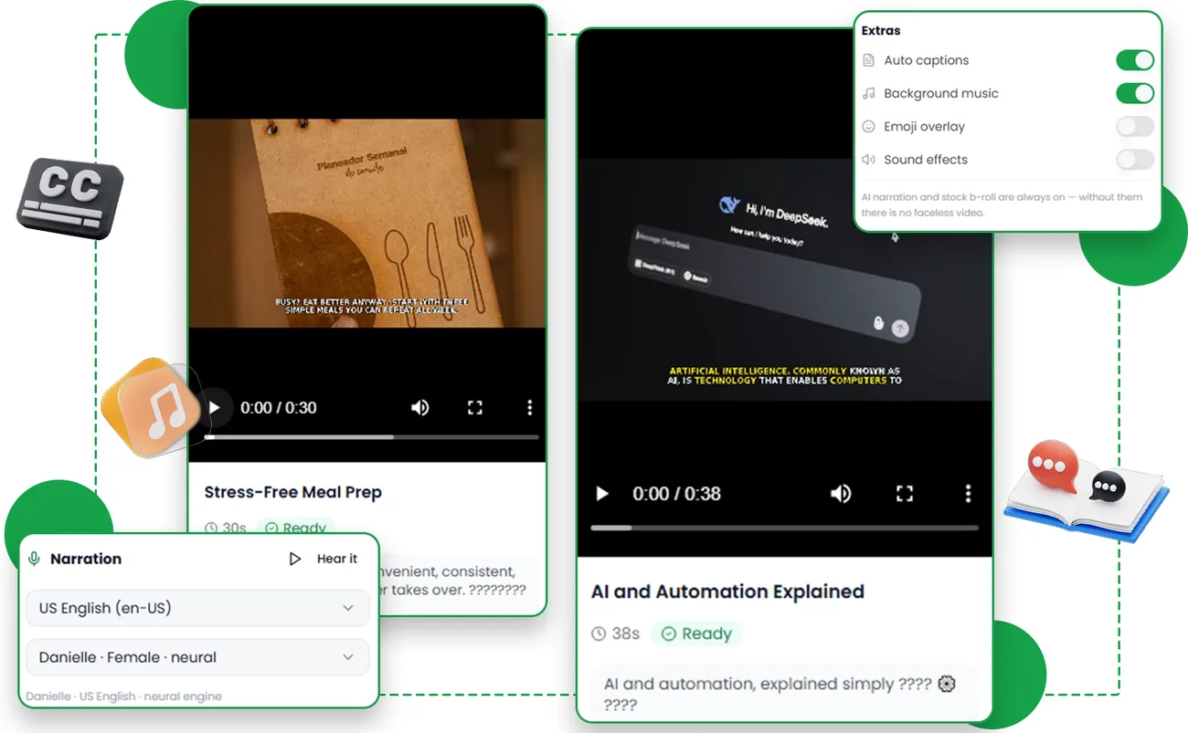 CreatorClaw AI lesson video player with captions, narration voice and background music settings