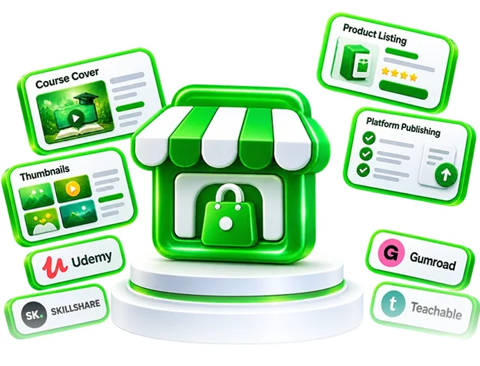 Marketplace Agent illustration with a store, course cover and Udemy, Skillshare, Gumroad and Teachable logos