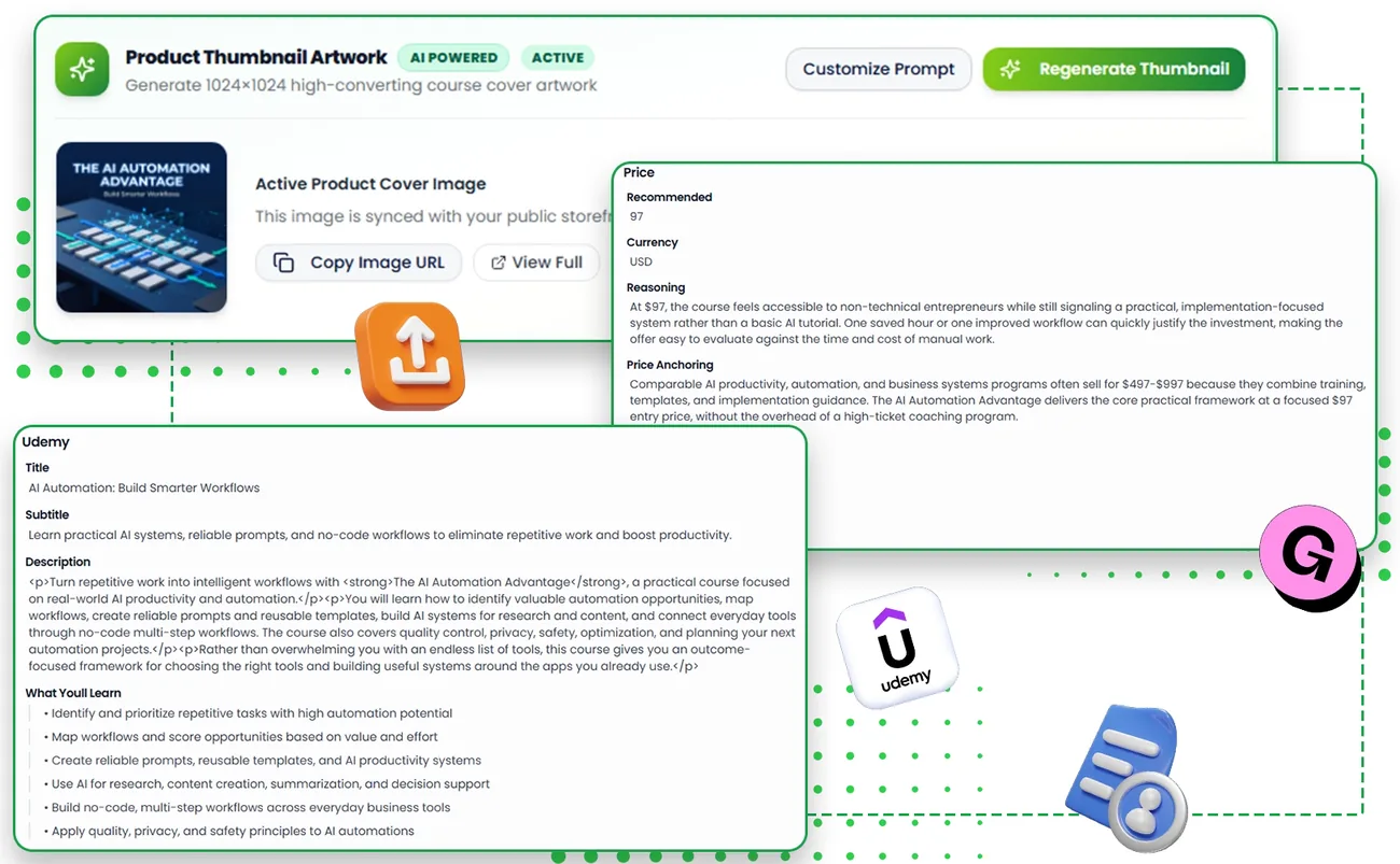 CreatorClaw AI product thumbnail artwork and marketplace listing text screen
