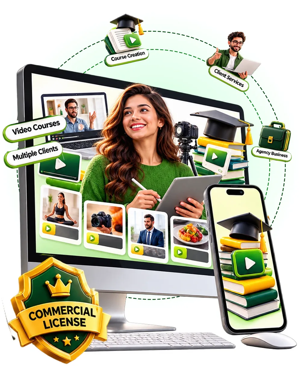 CreatorClaw AI monetization graphic with video courses on a monitor, a phone and a commercial license badge