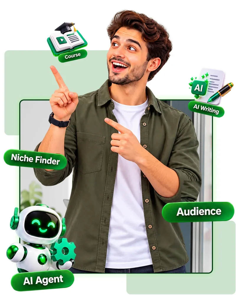 Creator pointing at niche finder, audience and AI agent labels for CreatorClaw AI