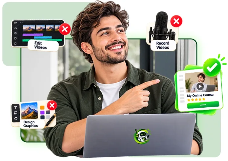 Creator pointing at a laptop showing an online course, with edit videos and record videos crossed out