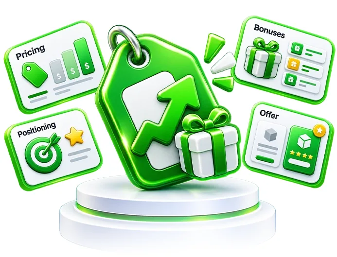 Offer Agent illustration with a price tag, bonuses, positioning and offer cards