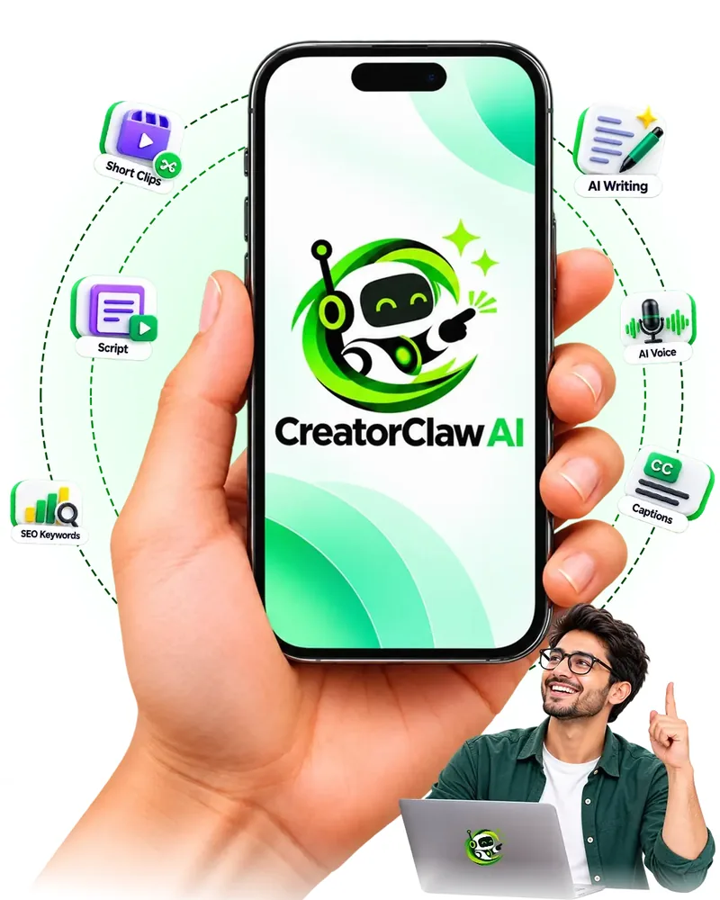Hand holding a phone with the CreatorClaw AI logo and a creator with a laptop