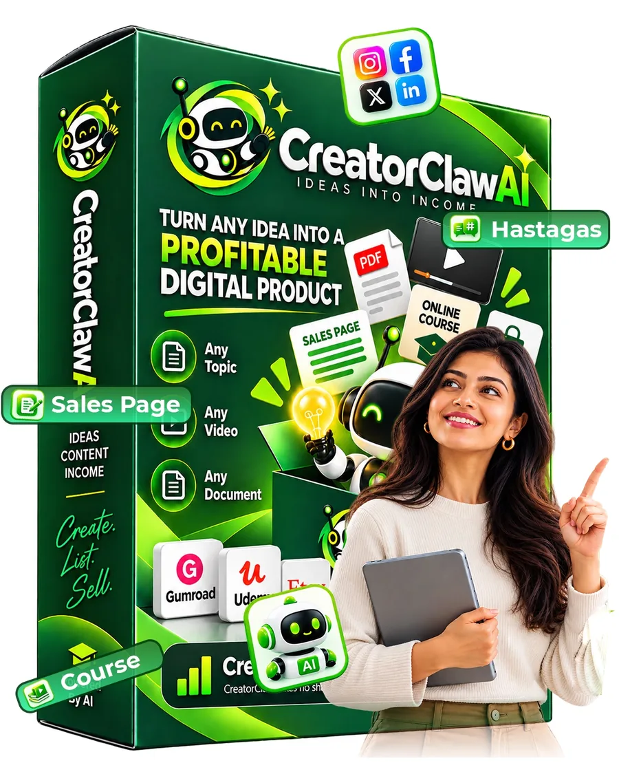 CreatorClaw AI product box with sales page, course and hashtag icons and a presenter