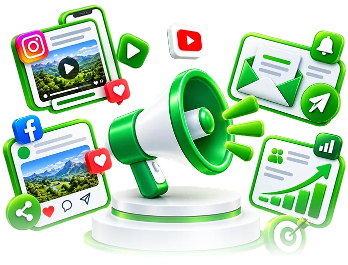 Promotion Agent illustration with a megaphone, social posts, email and short video icons