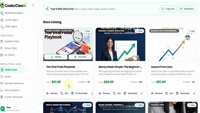 CreatorClaw AI public store screen showing a catalog of courses
