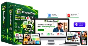 CreatorClaw AI review: product box and dashboard mockup shown on a monitor, laptop and phone
