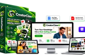 CreatorClaw AI review: product box and dashboard mockup shown on a monitor, laptop and phone