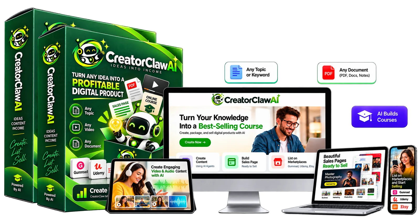CreatorClaw AI review: product box and dashboard mockup shown on a monitor, laptop and phone