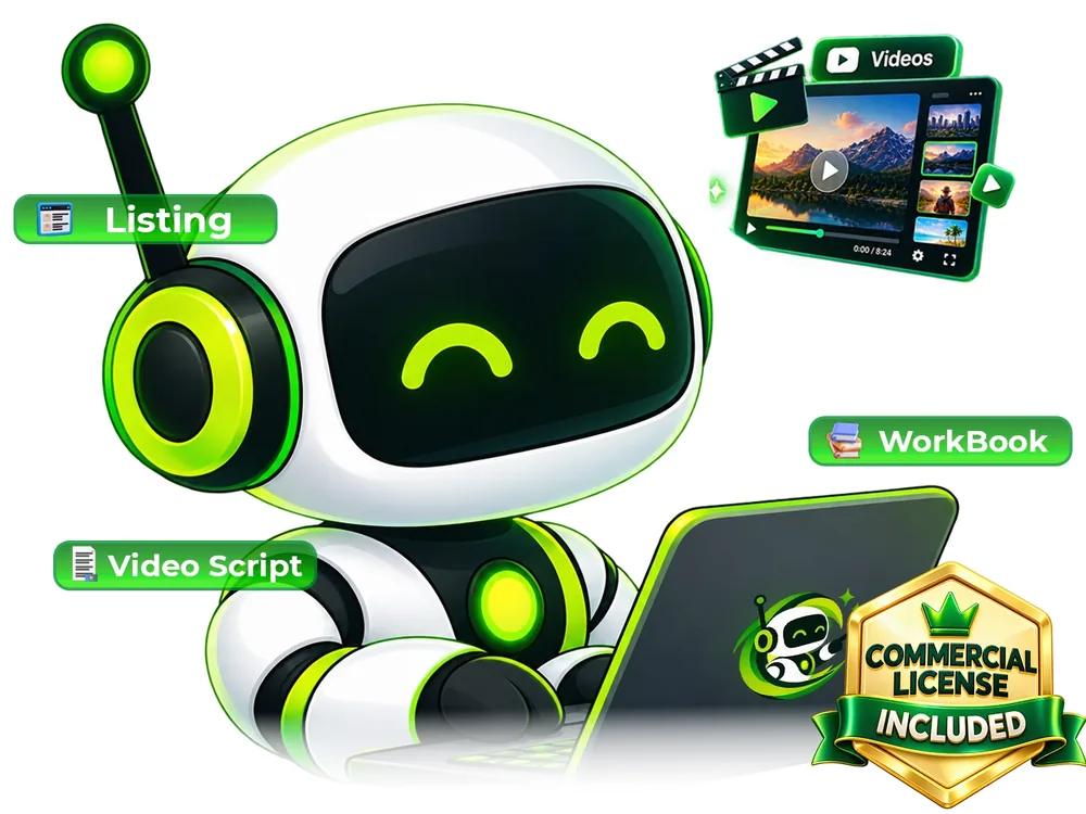 CreatorClaw AI robot mascot with listing, video script, workbook and commercial license icons