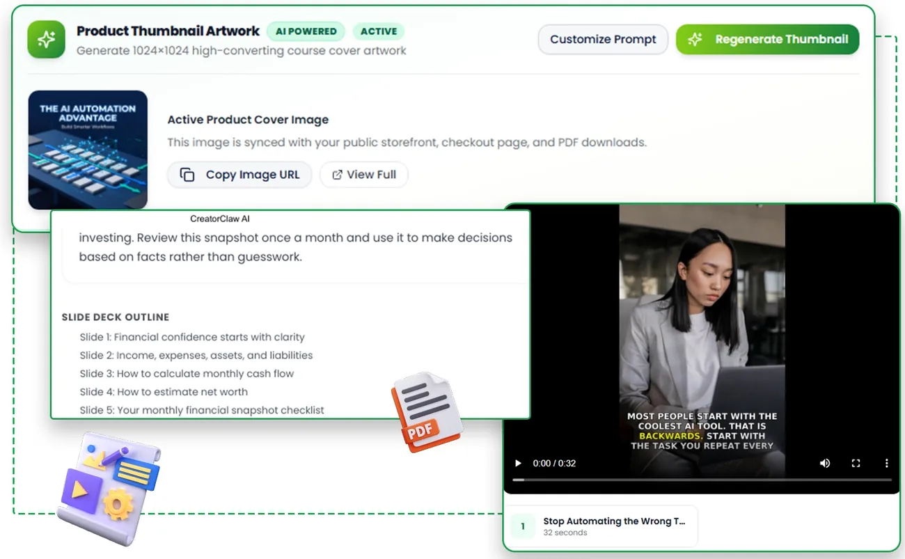 CreatorClaw AI cover image, slide outline and promo clip screen