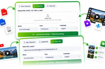 CreatorClaw AI input screen with topic, upload file and video URL tabs for PDF, DOCX, TXT and YouTube links