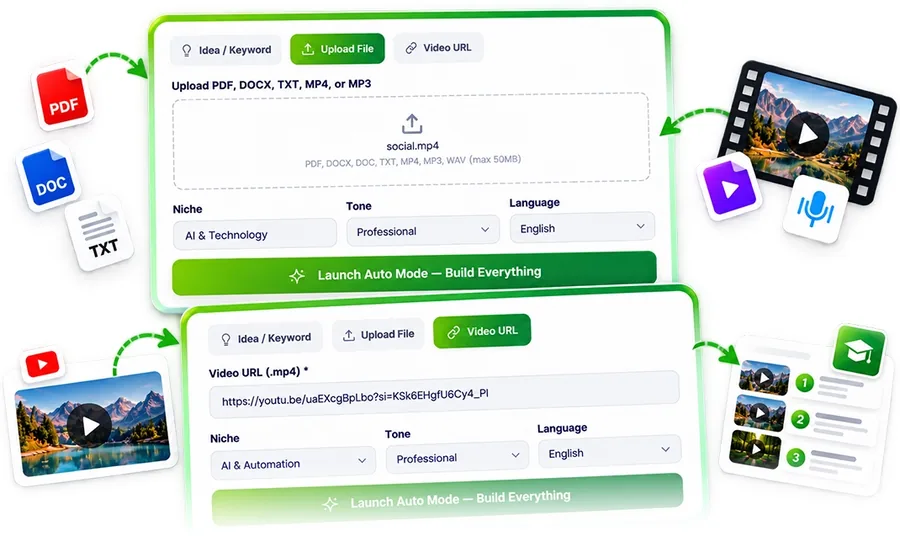 CreatorClaw AI upload screen for turning a PDF, webinar or YouTube video into a course