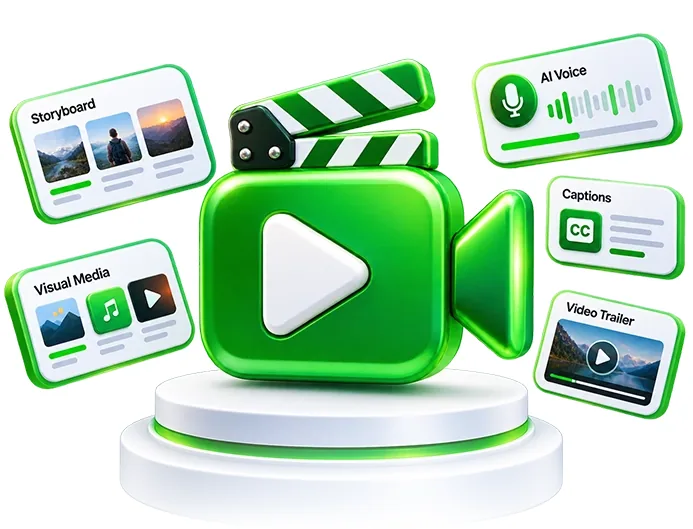 Video Agent illustration with a video camera, storyboard, captions and AI voice