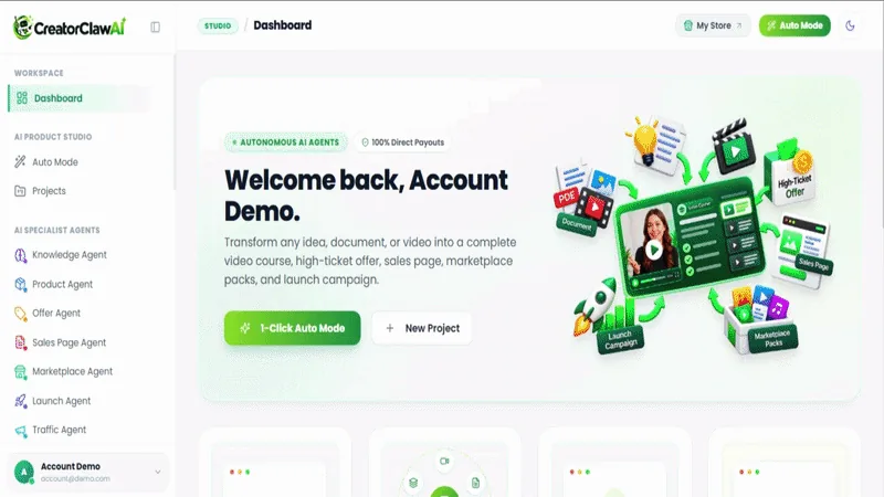 CreatorClaw AI welcome dashboard with the agents menu and a start new project button