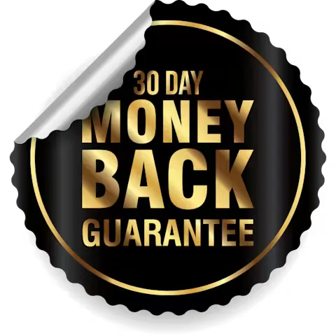 Black and gold 30 day money back guarantee seal for Faceless Empire AI