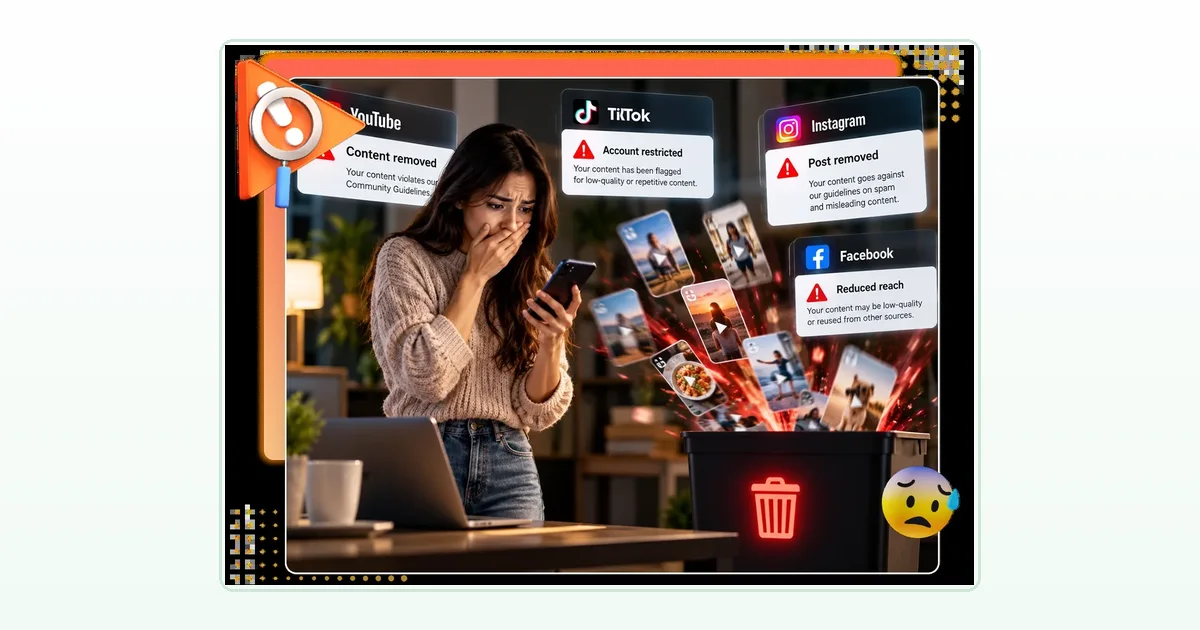 Faceless Empire AI account safety featured image showing a worried creator and platform warnings about removed posts