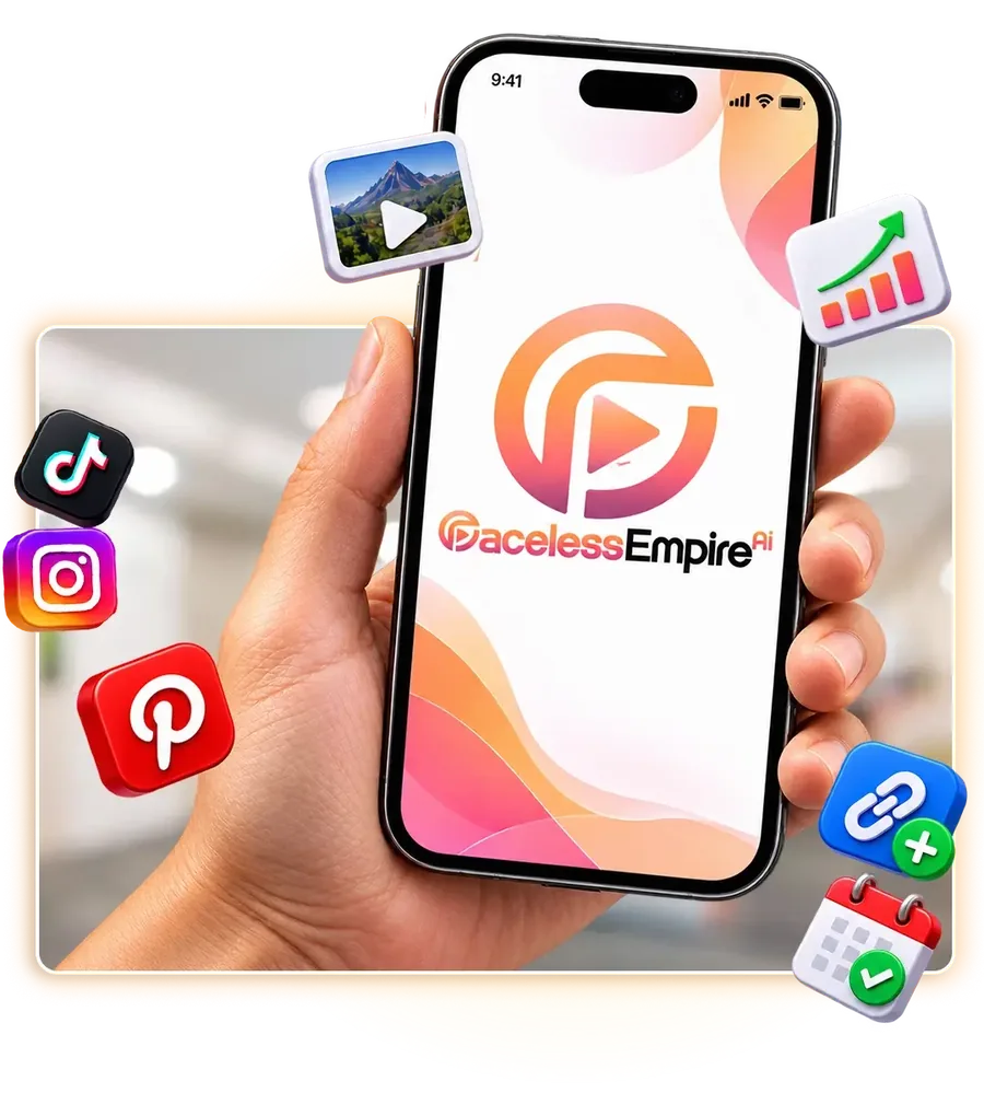 Hand holding a phone showing the Faceless Empire AI logo with YouTube, TikTok, Instagram and Pinterest icons around it