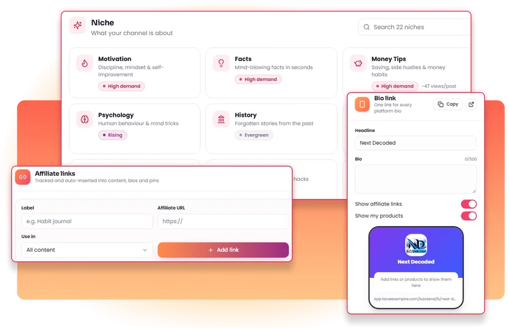 Faceless Empire AI niche picker with niche packs for motivation, facts, money tips, psychology, history and luxury