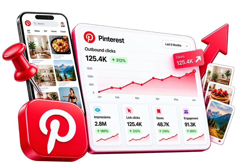 Pinterest analytics illustration with outbound clicks and growing impressions, shown for the Pinterest Traffic Playbook bonus