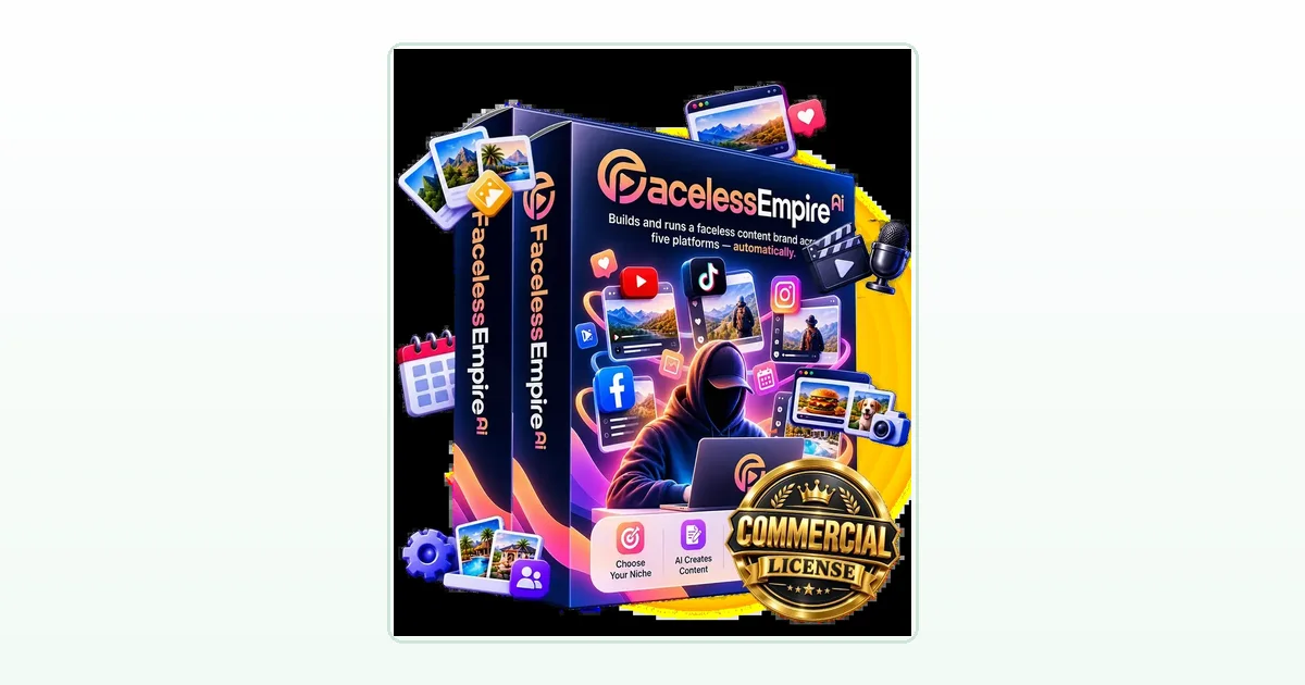 Faceless Empire AI coupon codes featured image showing the product box with its commercial license seal